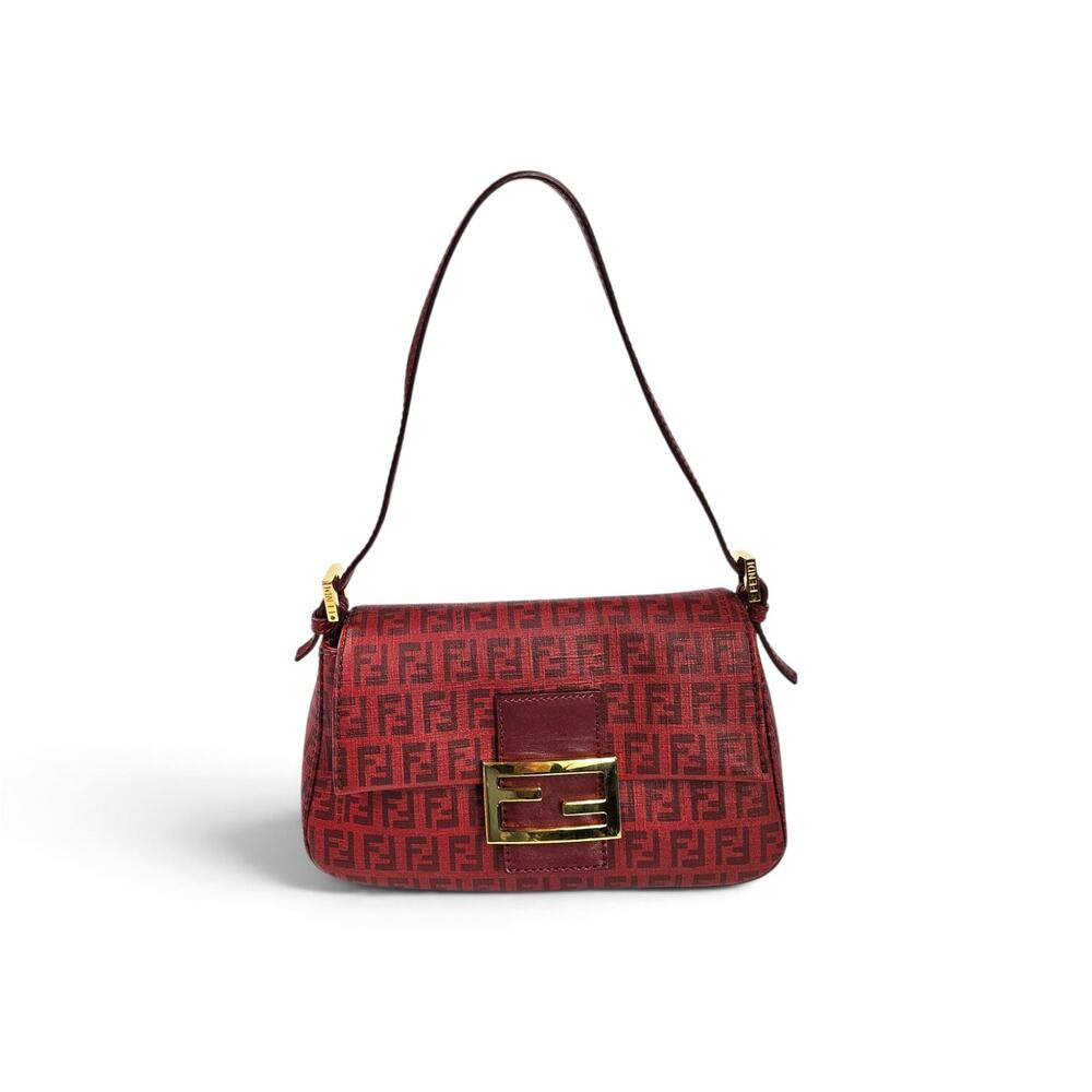 Fendi Mini Mamma Baguette Zucca Print Burgundy Coated Canvas